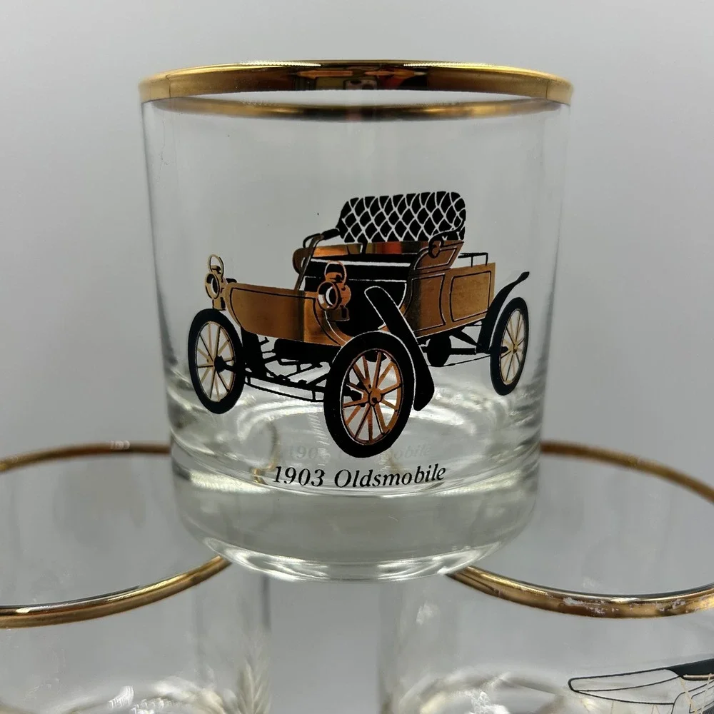 Whiskey Glasses Gold Clear Vintage Classic Cars Set 6 Good